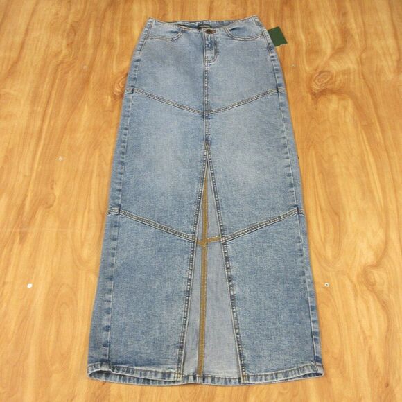 WILD FABLE Mid-Rise Chevron Denim Maxi Skirt Sz 4 Long Blue Jean Slit Skirt NWT - Picture 2 of 12